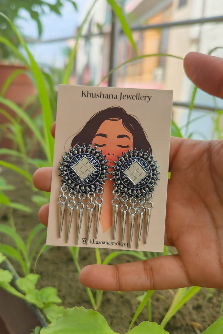 Oxidized Mirror Work Earrings with Dangling Spikes
