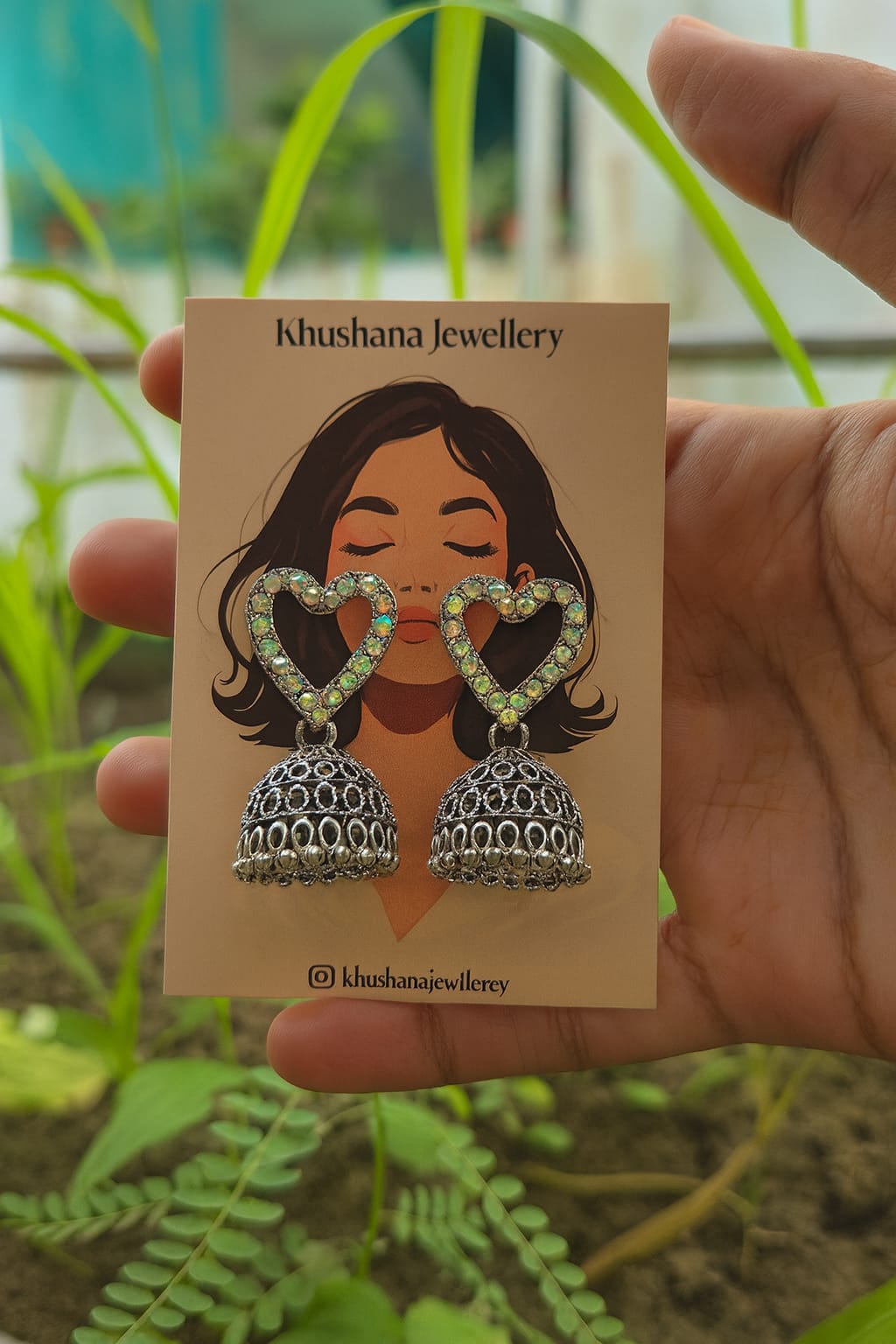 Oxidized Jhumka Earrings with Sparkling Heart Top