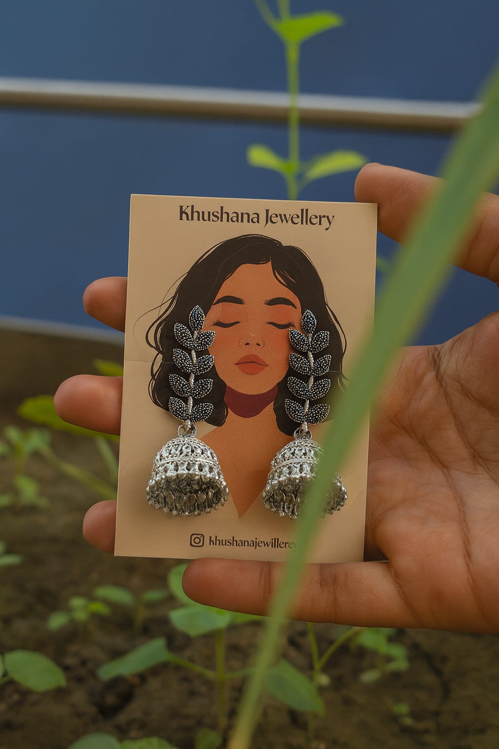 Oxidized Long Leaf Design Jhumka Earrings