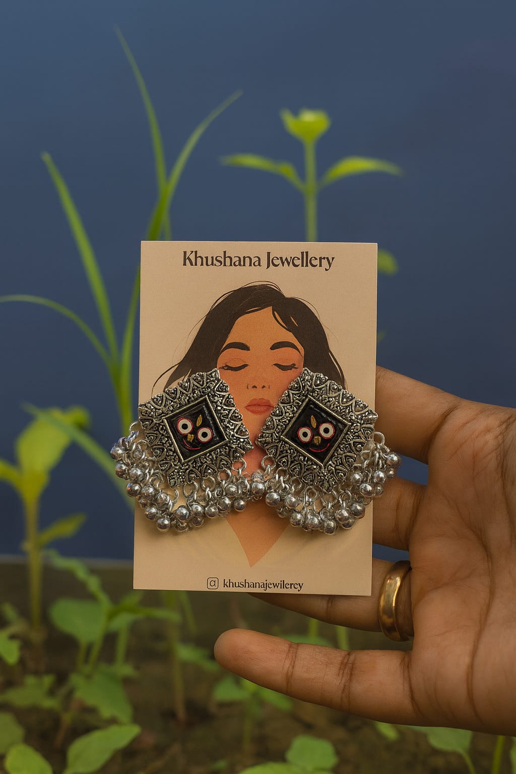 Square Oxidized Tribal Stud Earrings with Ghungroo Detailing