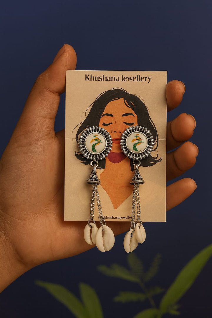 Handpainted Oxidized Earrings with Cowrie Shell Drops