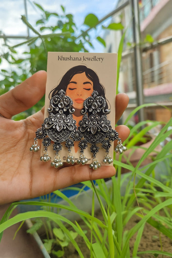 Oxidized Floral Dangler Jhumka Earrings with Ghungro