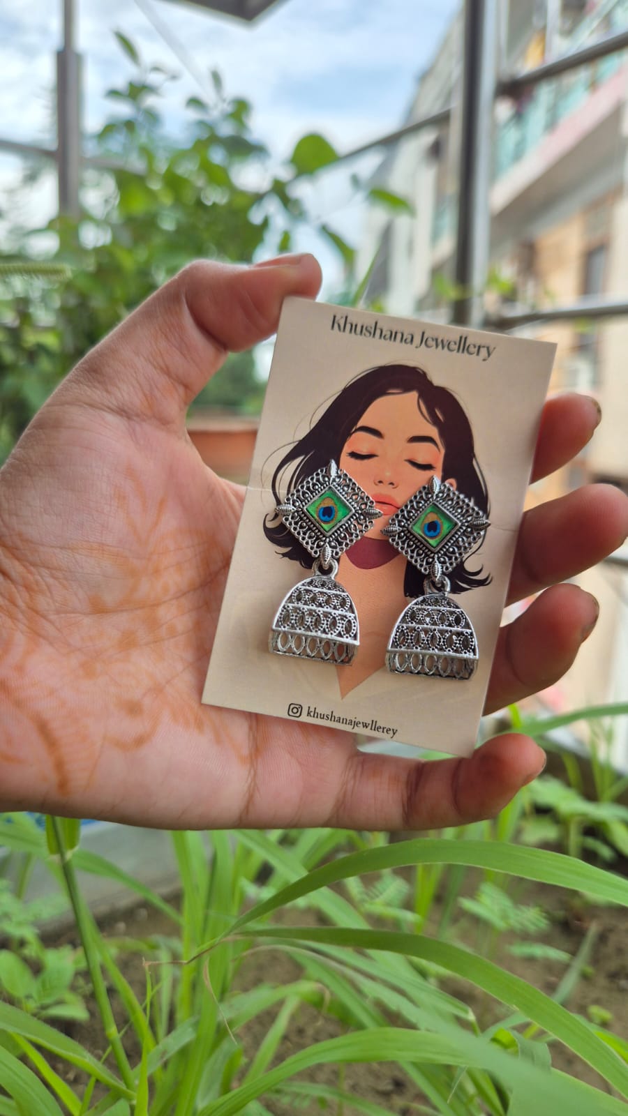 Oxidized Peacock Eye Square Jhumka Earrings