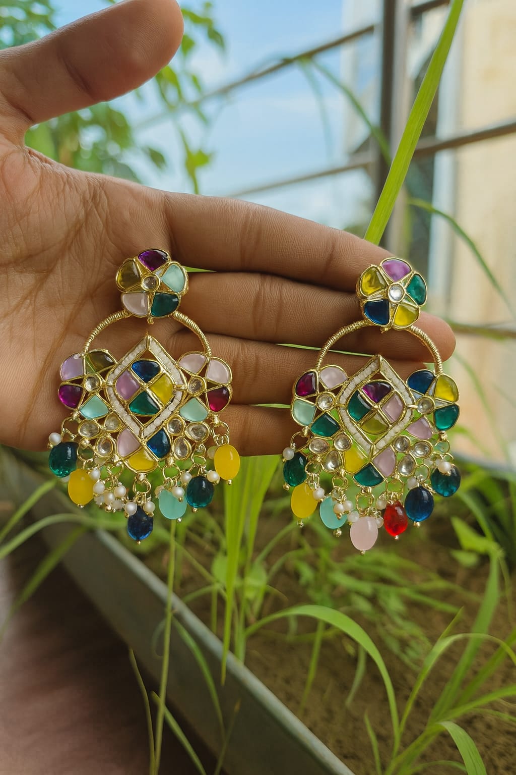 Multicolor Kundan Chandbali Earrings