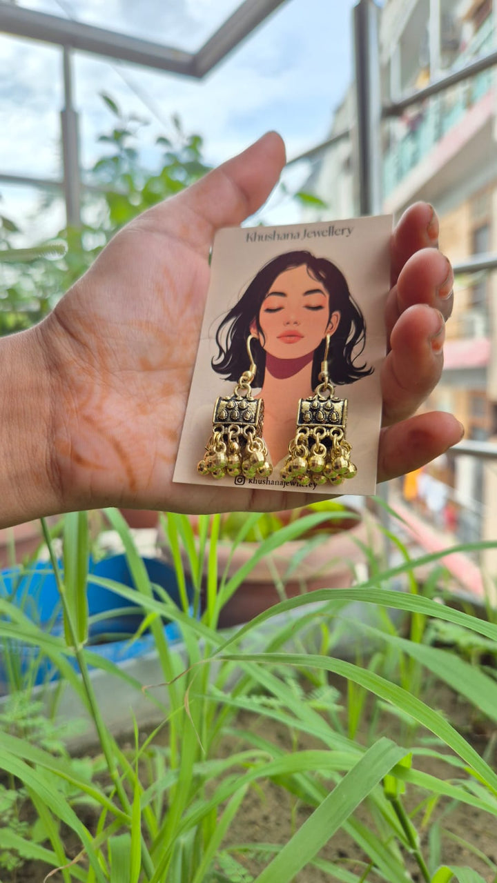 Antique Gold Plated Jhumka Earrings with Ghungroo