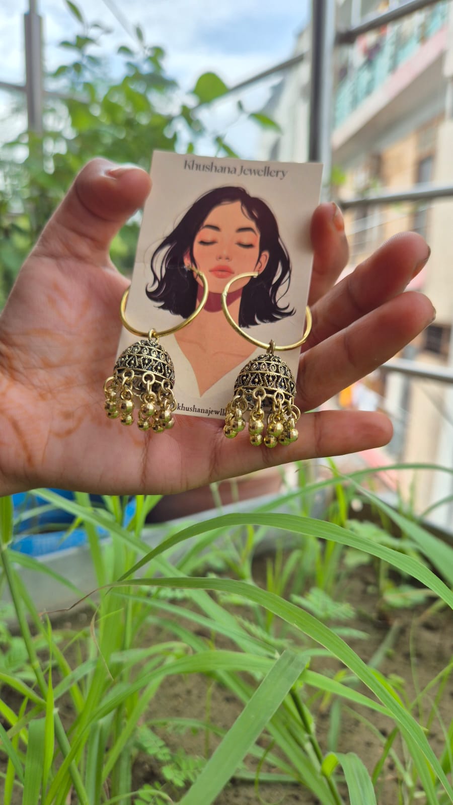 Antique Gold Plated Hoop Jhumka Earrings with Ghungroo