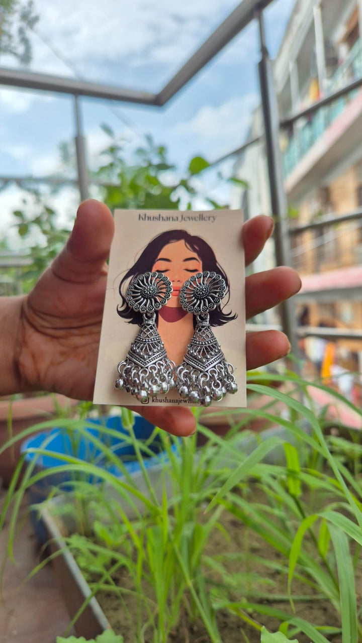 Antique Silver Floral Jhumka Earrings with Ghungroo