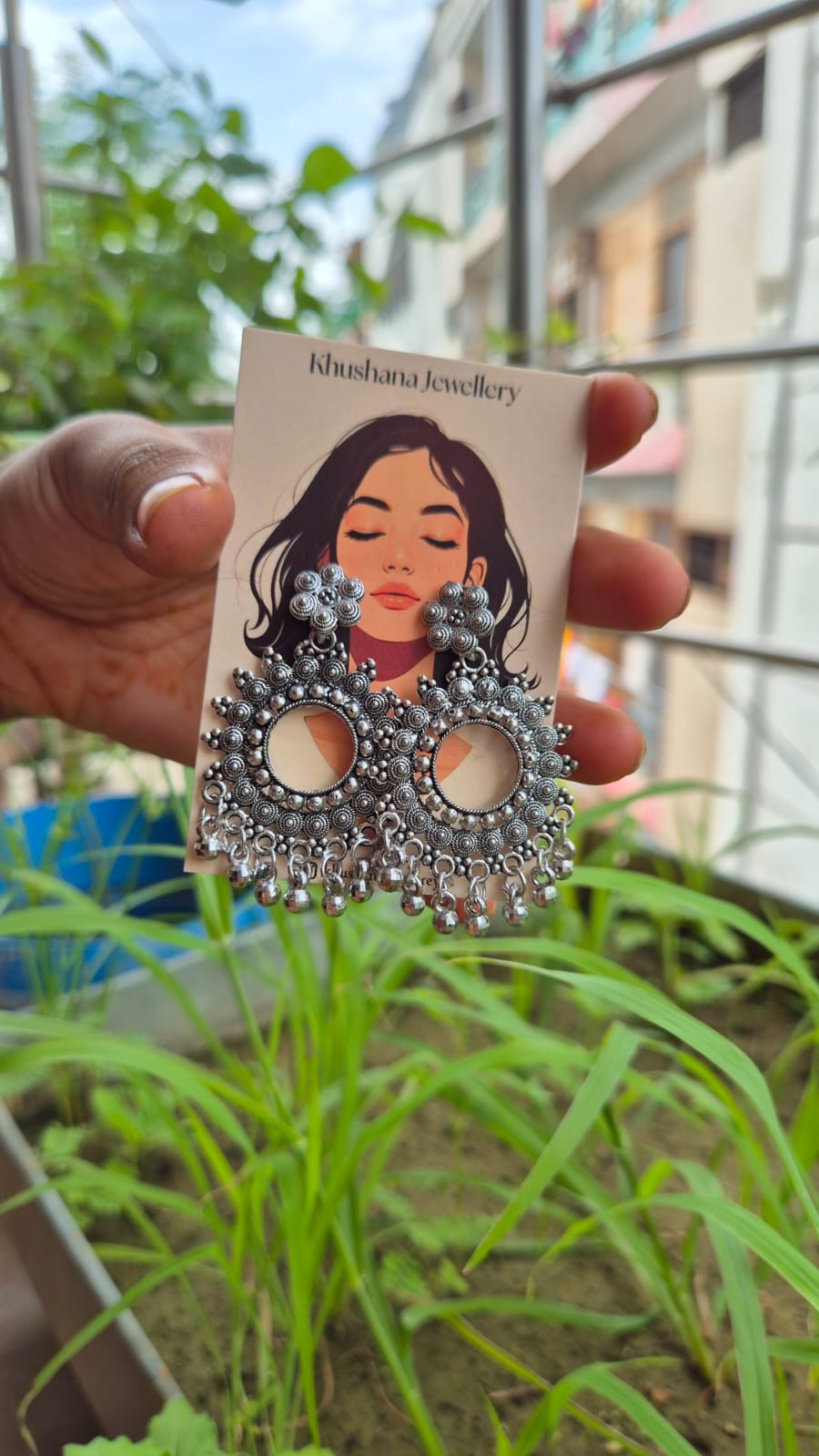 Antique Silver Oxidised Round Hoop Earrings with Ghungroo