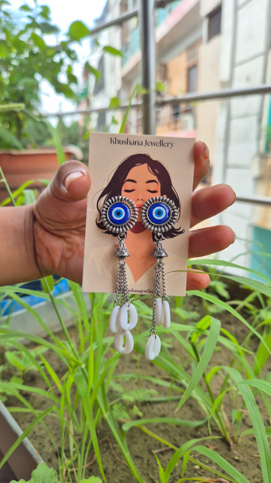 Evil Eye Cowrie Shell Oxidised Silver Earrings