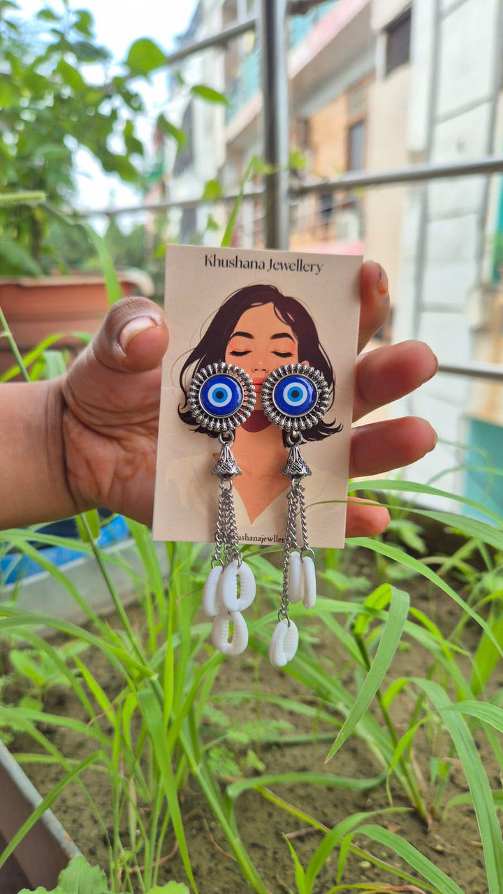 Evil Eye Cowrie Shell Oxidised Silver Earrings