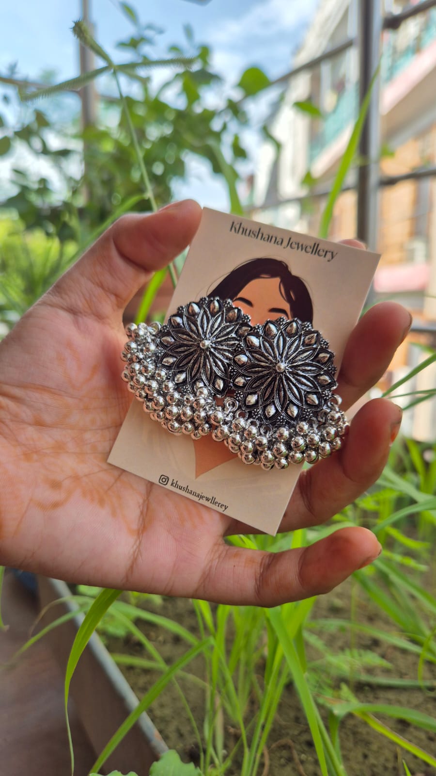 Oxidised Silver Floral Stud Earrings with Ghungroo Detailing