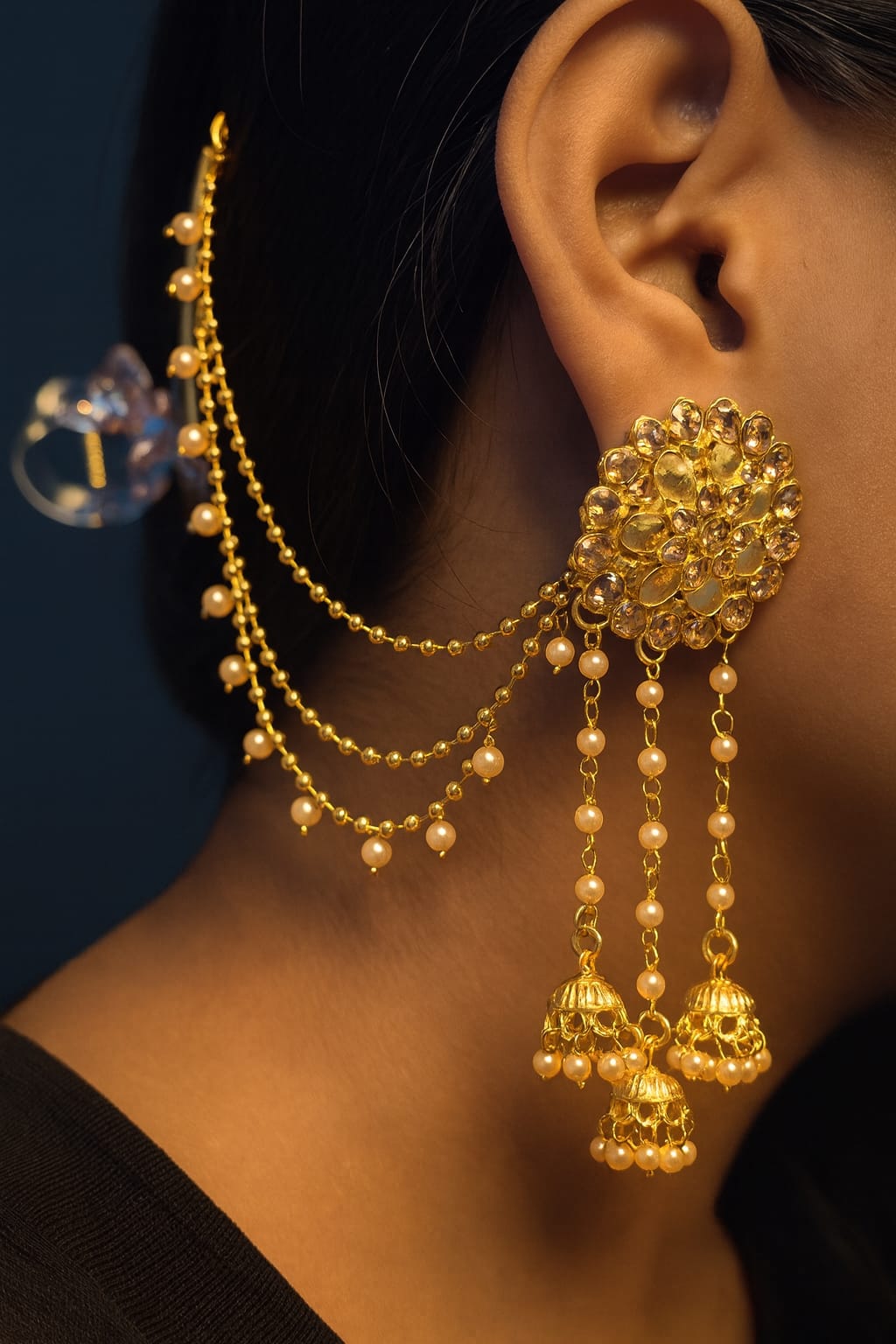 Gold Plated Kundan Floral Ear Chain Jhumka Earrings