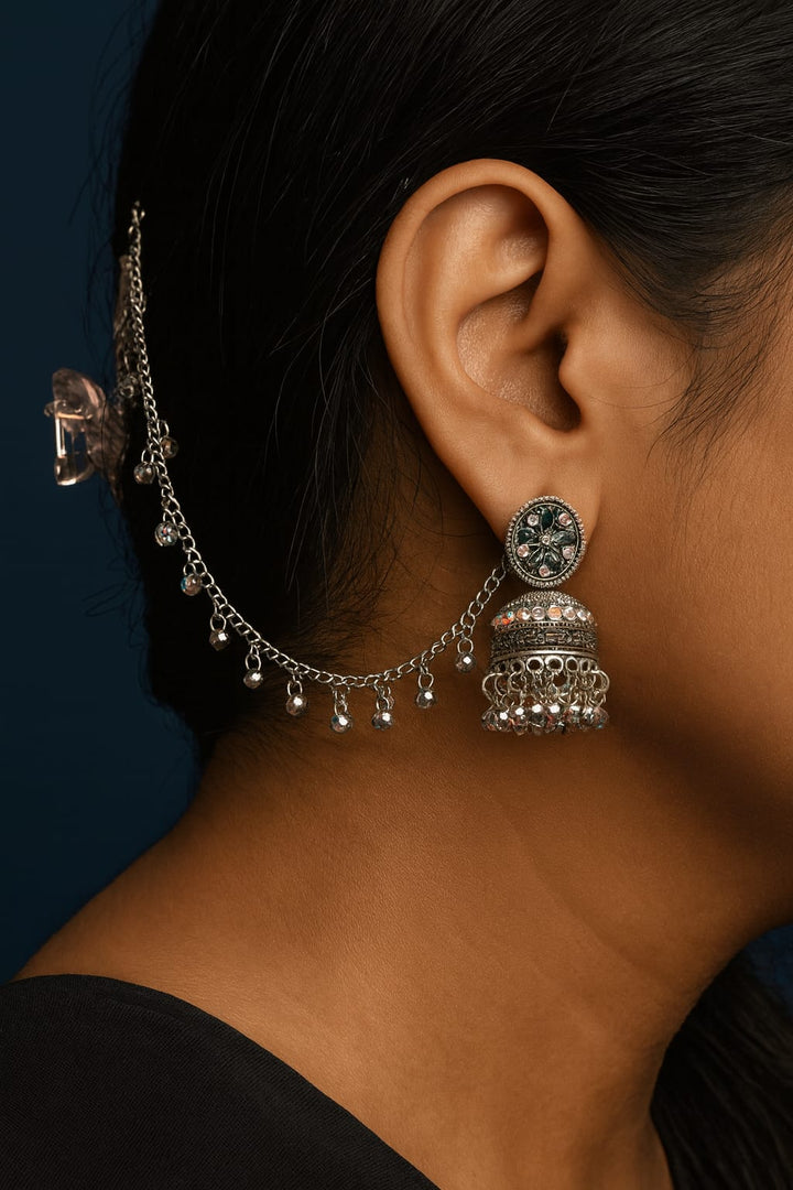 Oxidised Silver Stone Stud Jhumka with Ear Chain