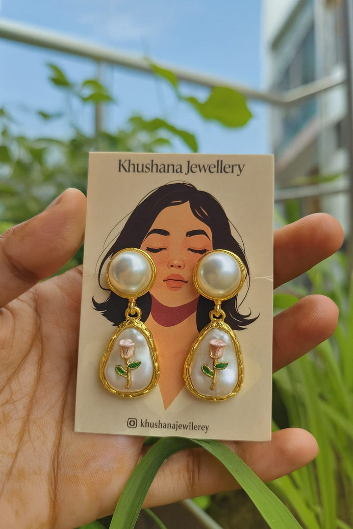 Pearl Drop Rose Design Earrings
