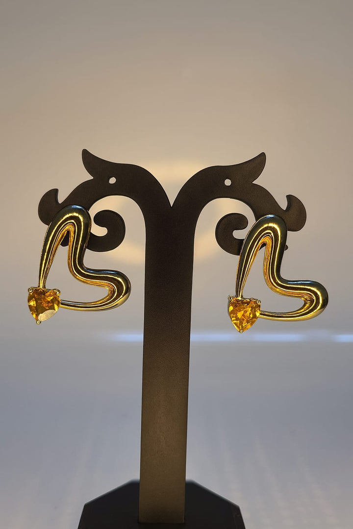 Golden Heart Drop Earrings with Yellow Gemstone