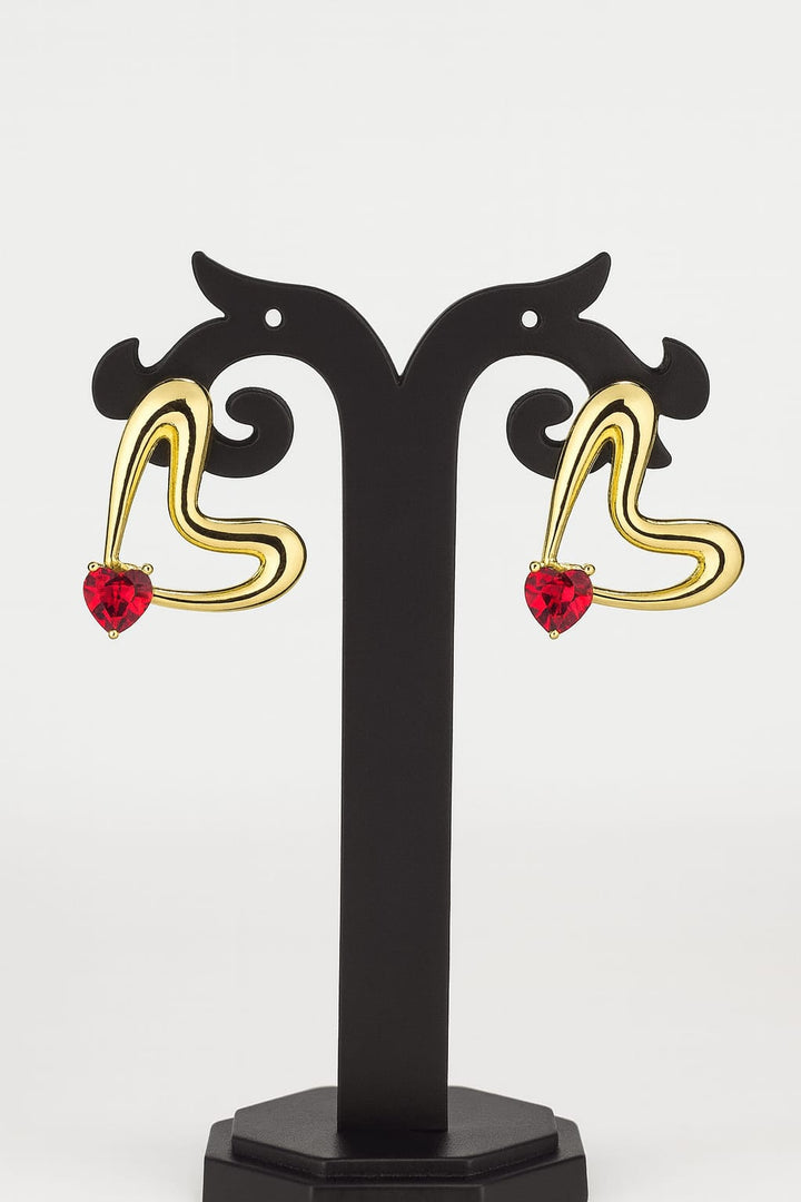 Golden Heart Drop Earrings with Red