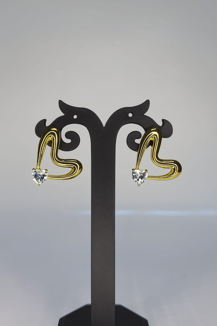 Golden Heart Drop Earrings with White Crystal