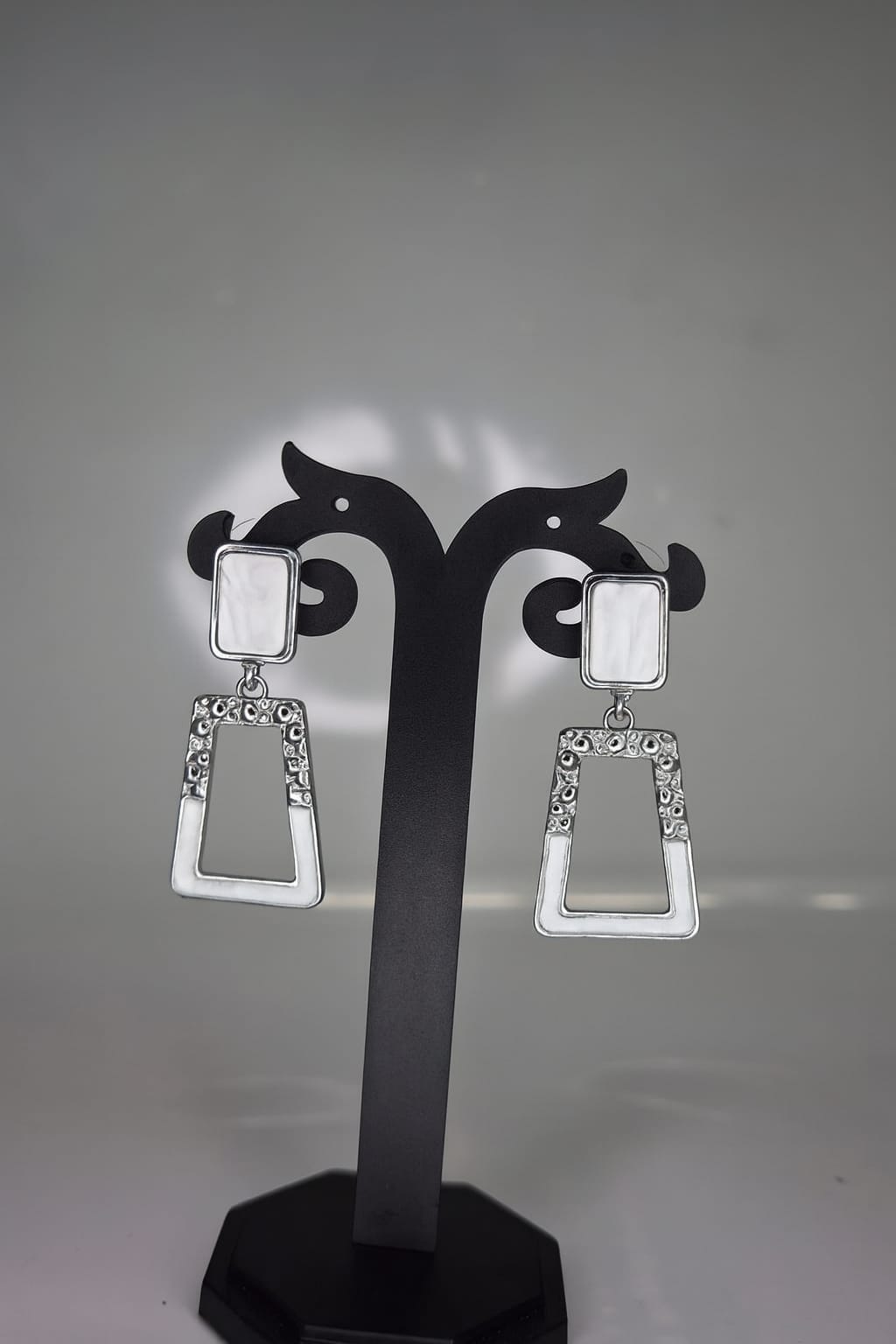 Silver Geometric Dangle Earrings with White Stone