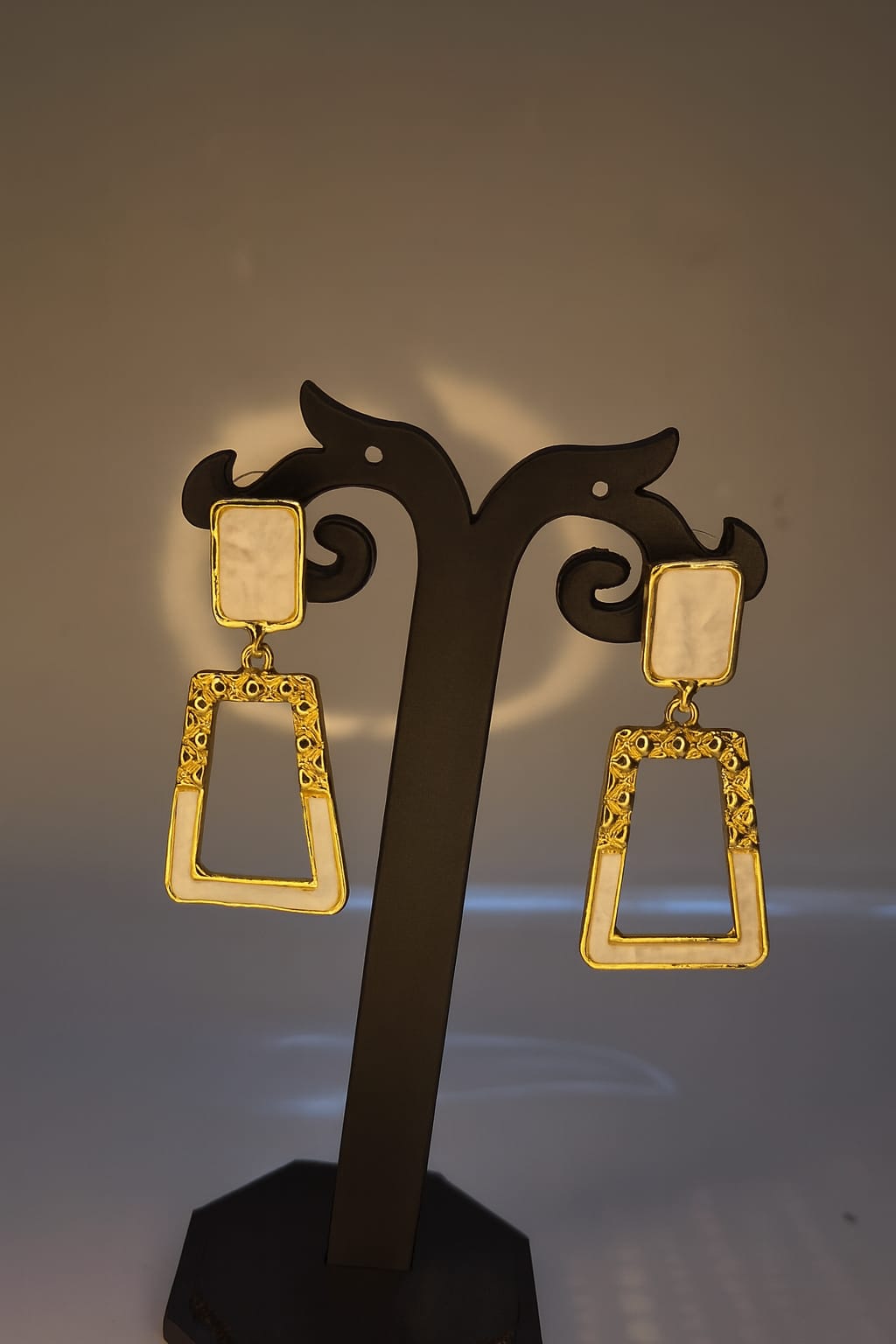 Golden Dangle Earrings with White Stone