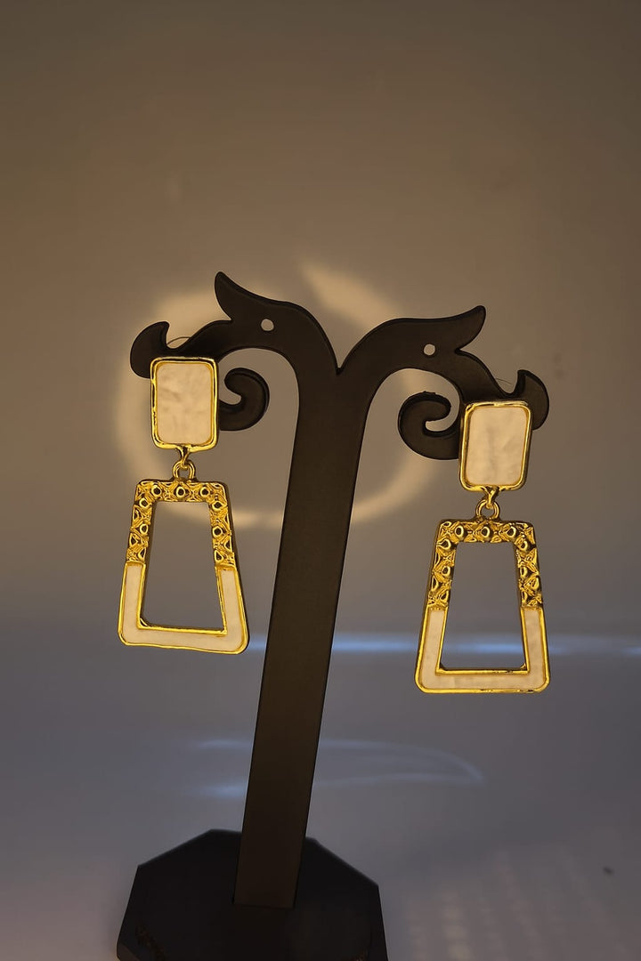 Golden Dangle Earrings with White Stone