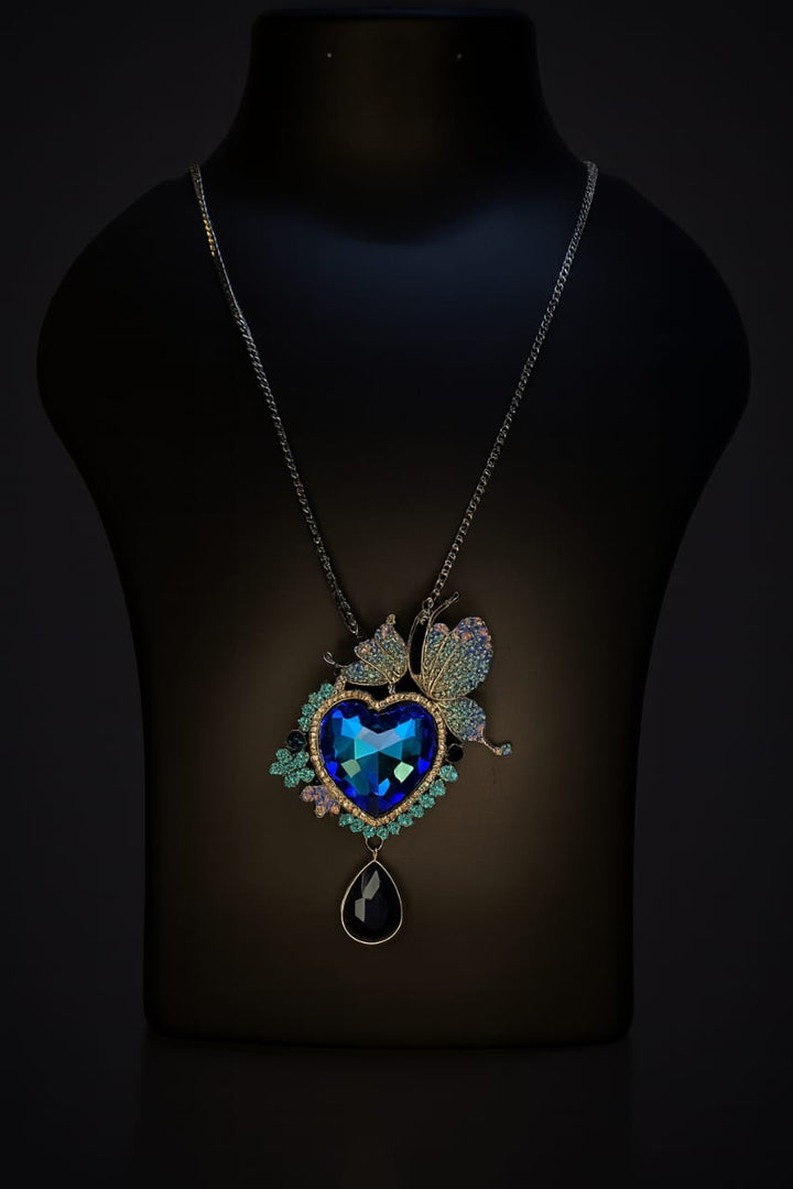 Royal Blue Heart Crystal Butterfly Pendant Necklace