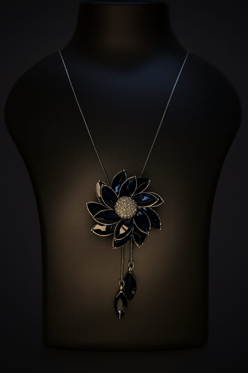 Midnight Black Crystal Floral Pendant Necklace