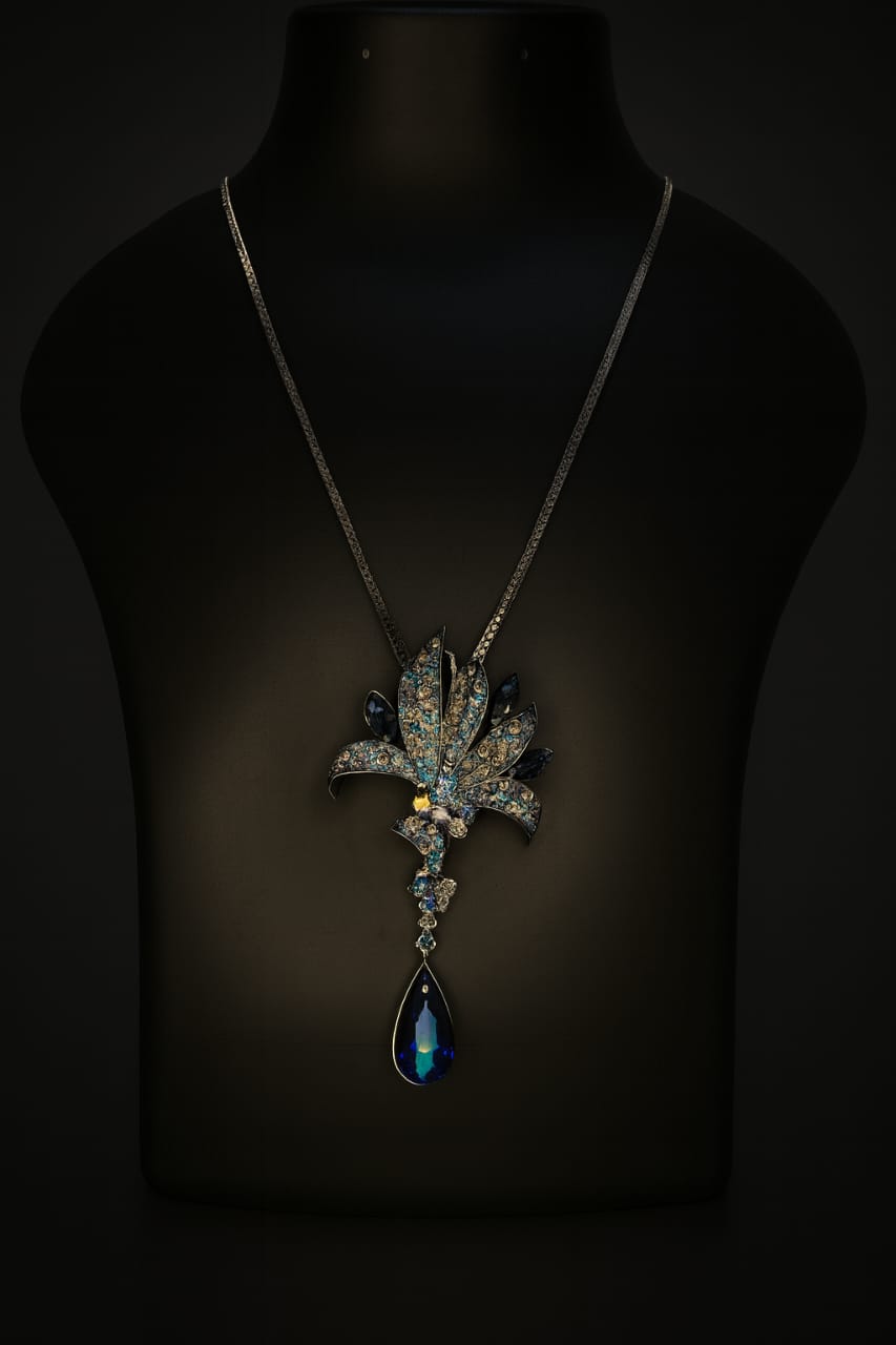 Royal Blue Crystal Bloom Pendant Necklace