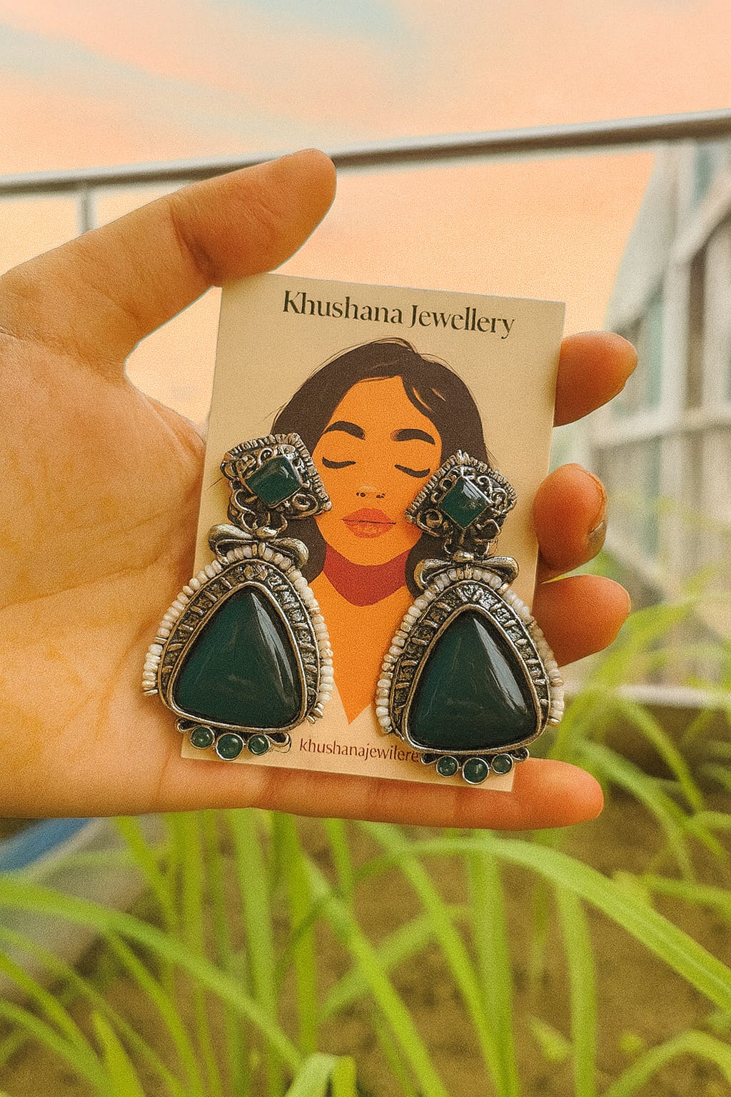 Oxidised Stone Statement Earrings