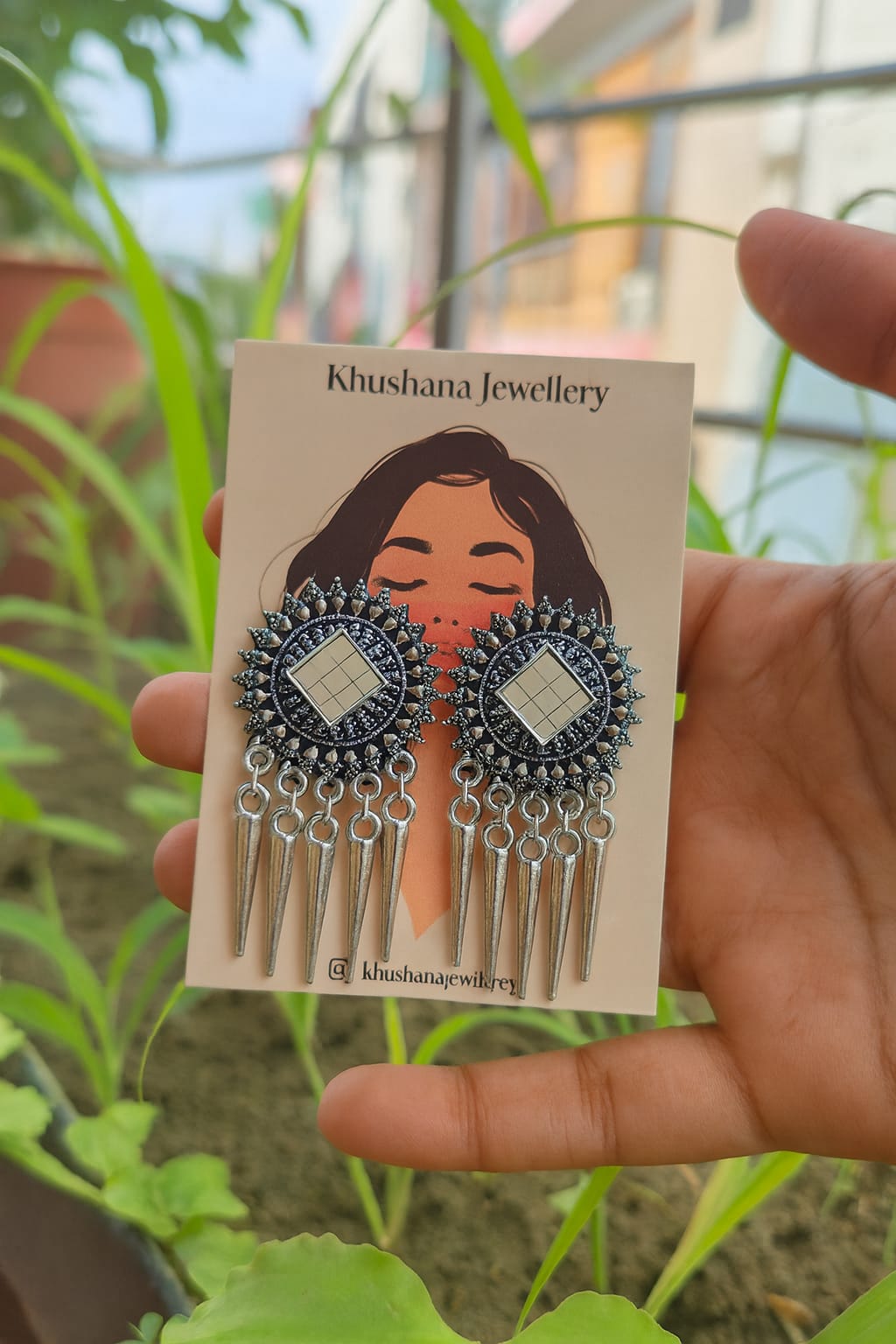 Oxidized Mirror Work Earrings with Dangling Spikes
