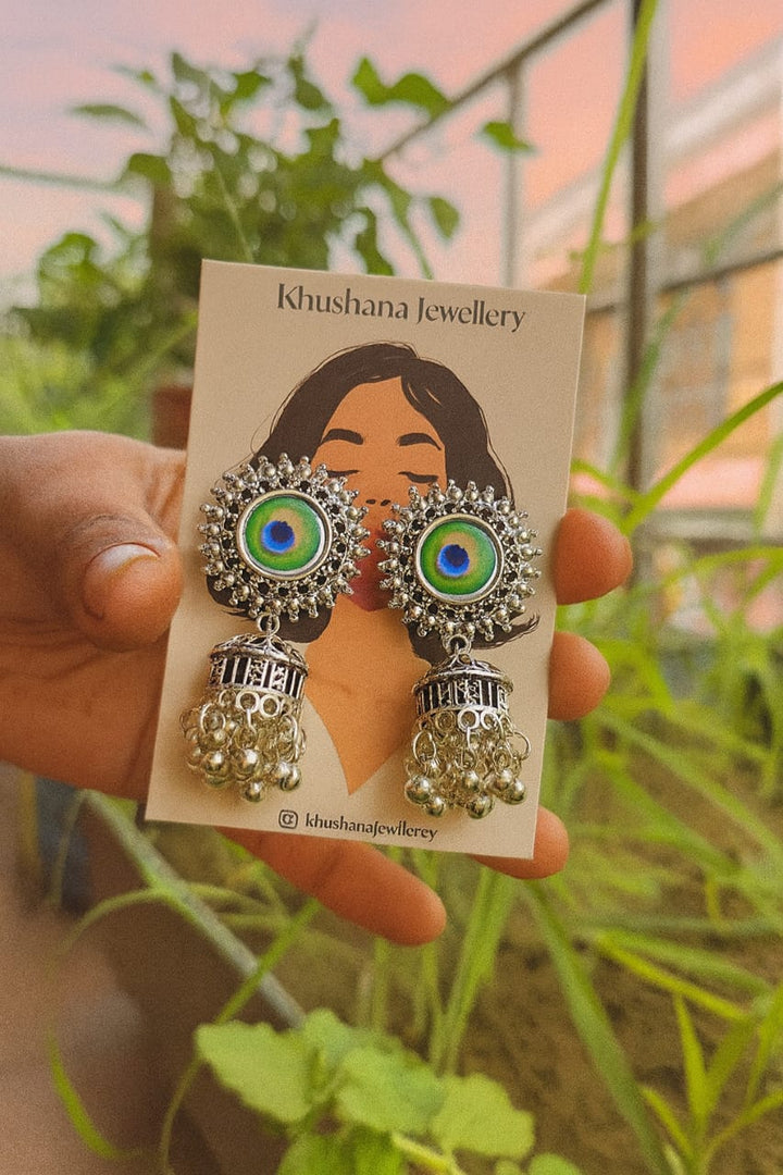 Oxidized Peacock Feather Jhumka Earrings with Ghungroo