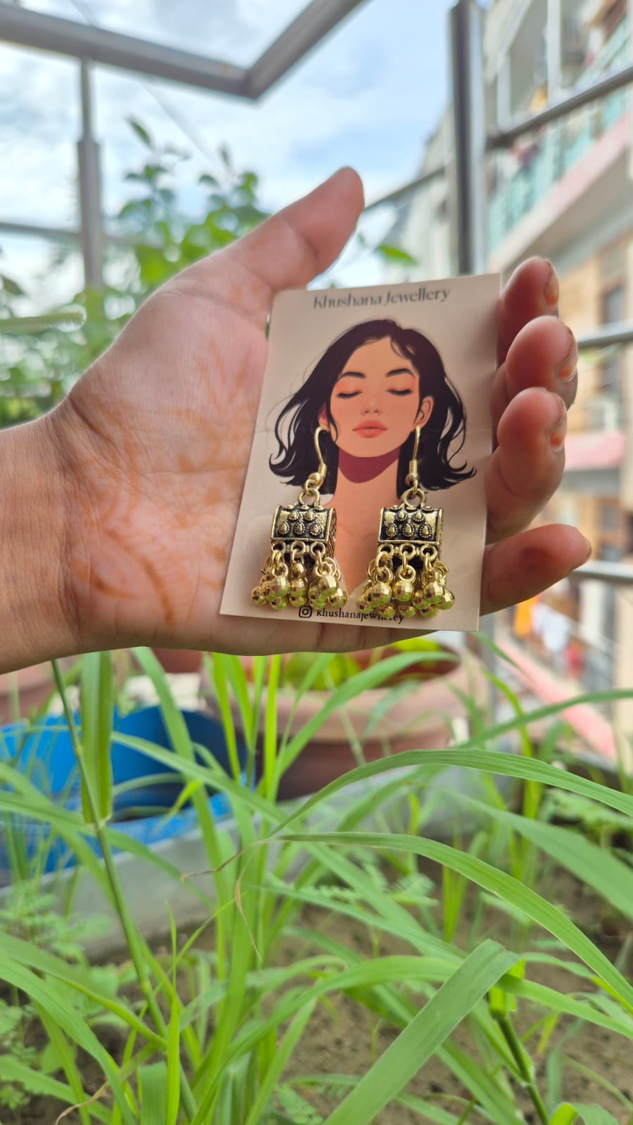 Antique Gold Plated Jhumka Earrings with Ghungroo