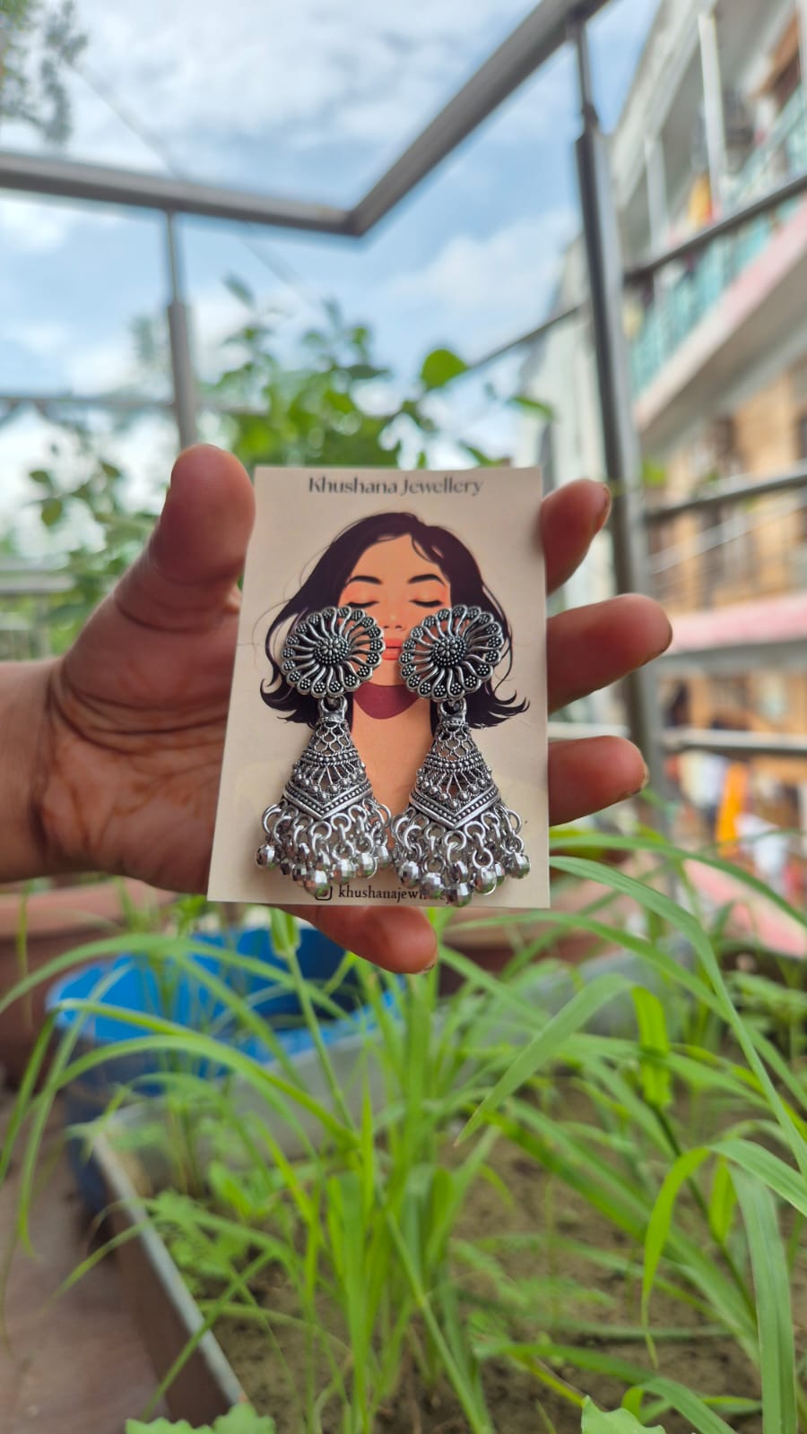 Antique Silver Floral Jhumka Earrings with Ghungroo