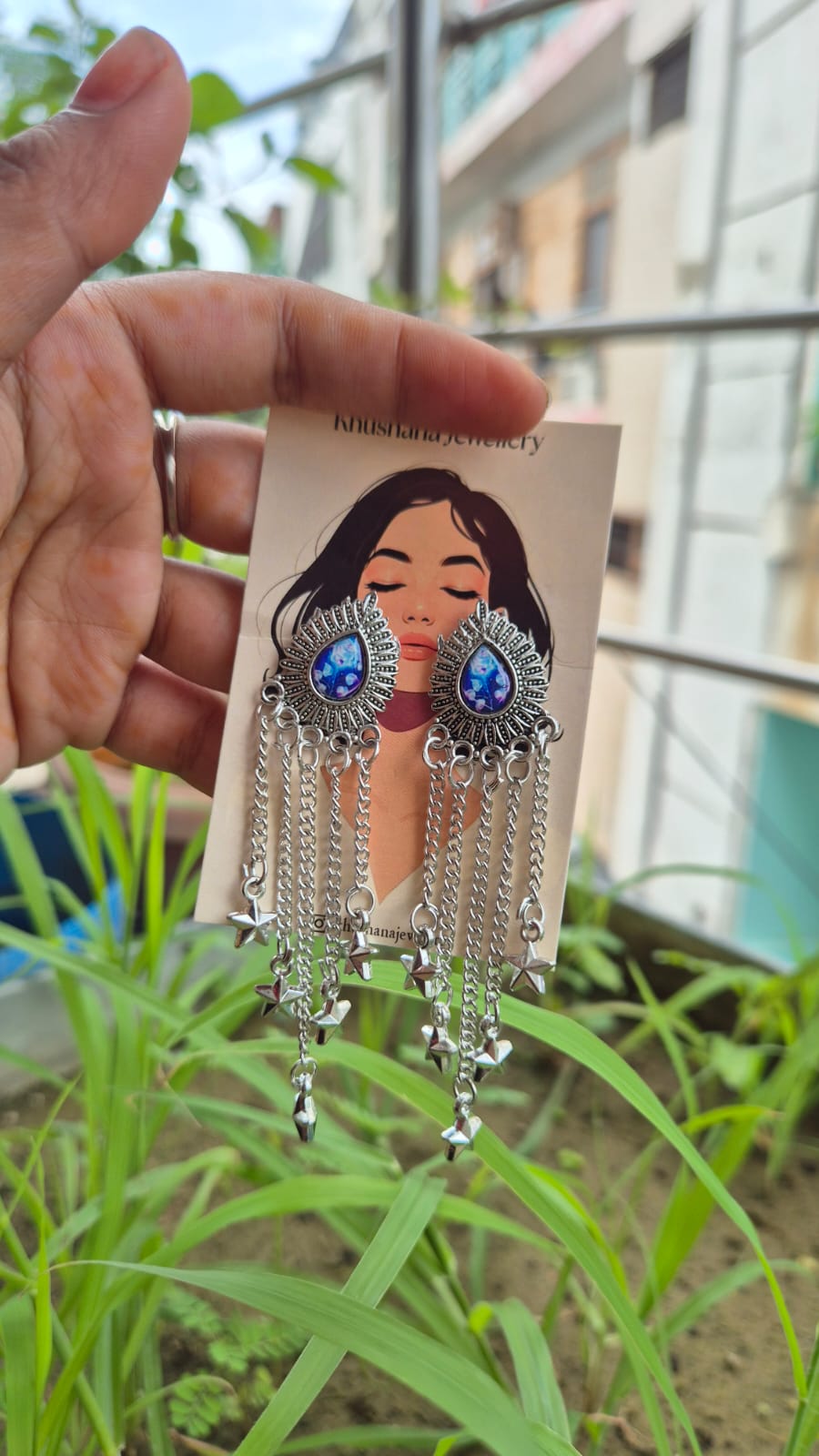 Oxidised Silver Blue Stone Drop Earrings with Star Chains