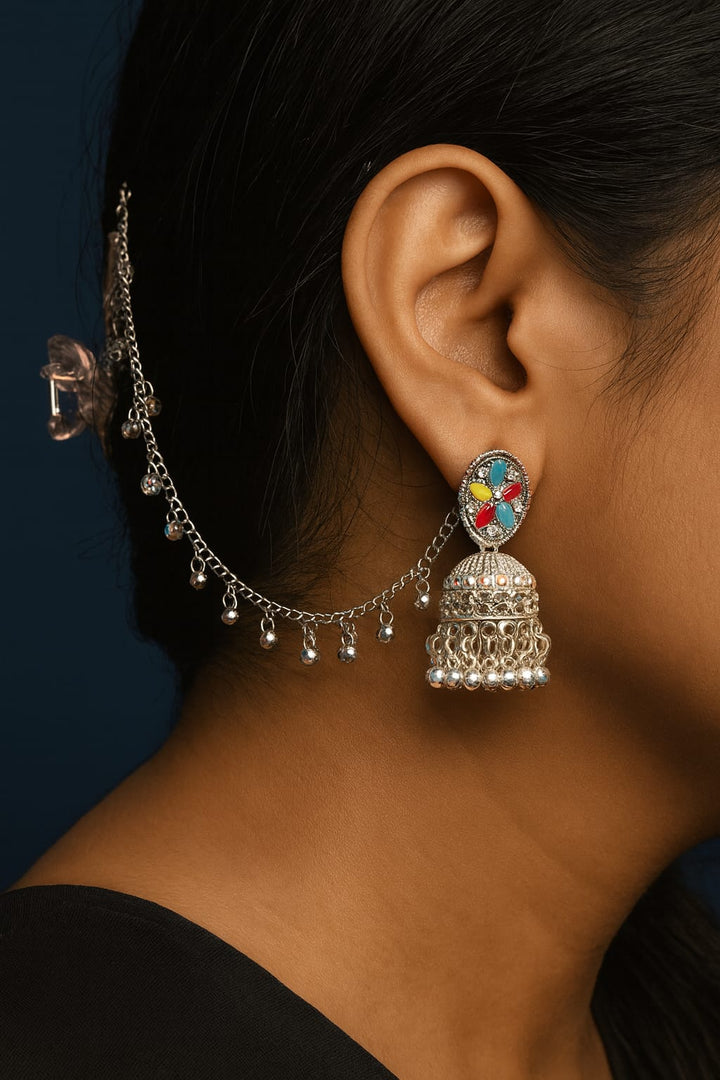 Oxidised Silver Multicolor Stone Jhumka with Ear Chain