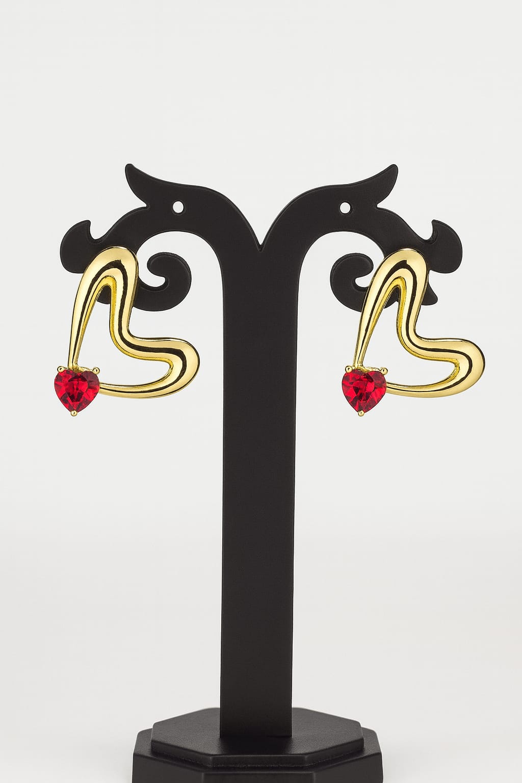 Golden Heart Drop Earrings with Red