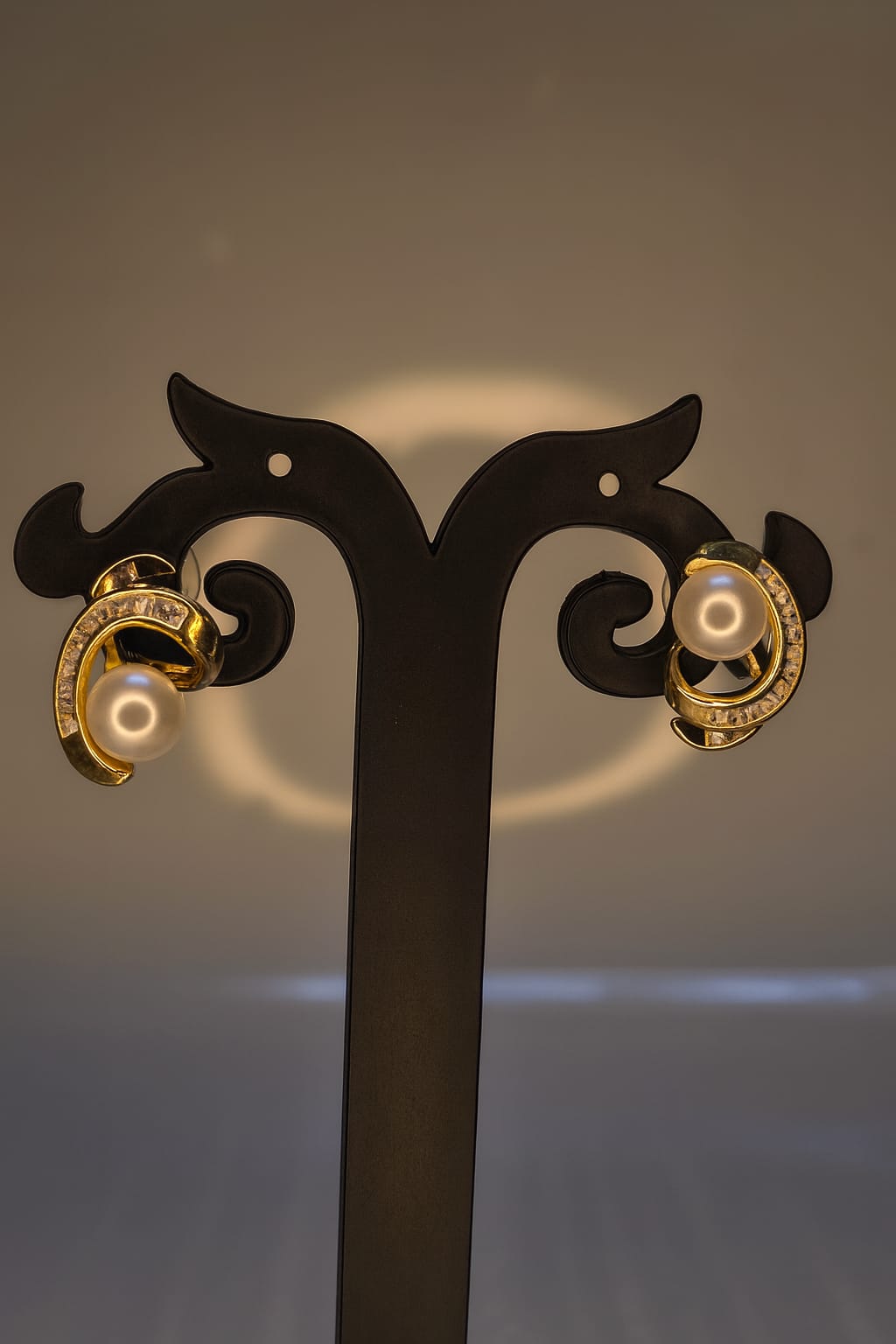 Golden Pearl Stud Earrings with Crystal Accents