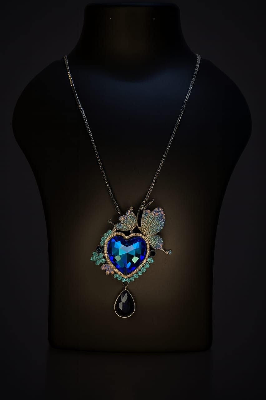 Royal Blue Heart Crystal Butterfly Pendant Necklace