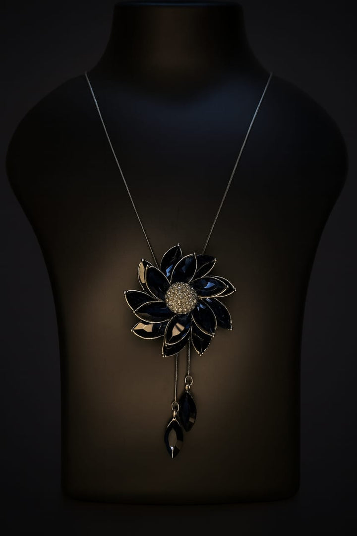 Midnight Black Crystal Floral Pendant Necklace